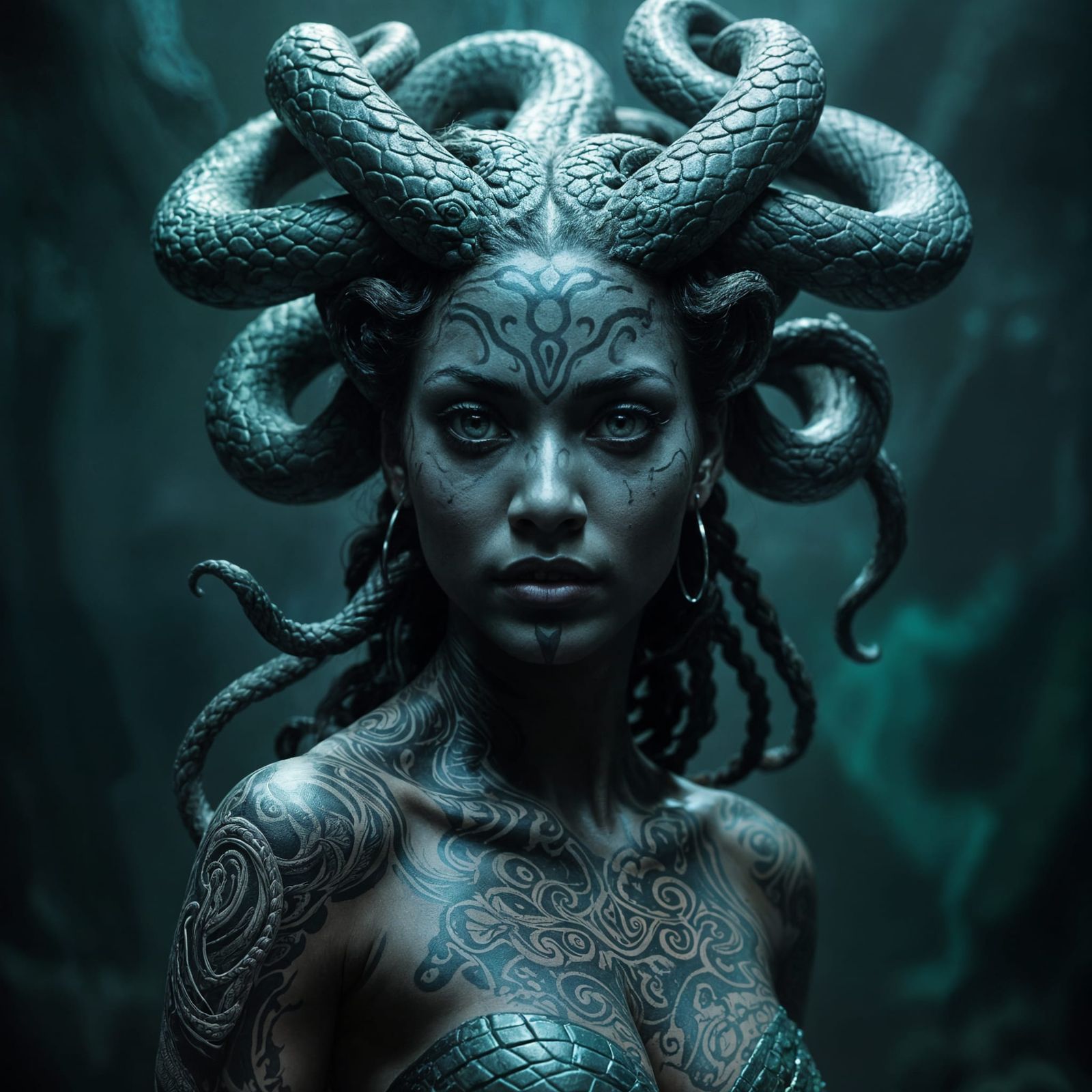 Tattooed Medusa: A Cinematic Film Still