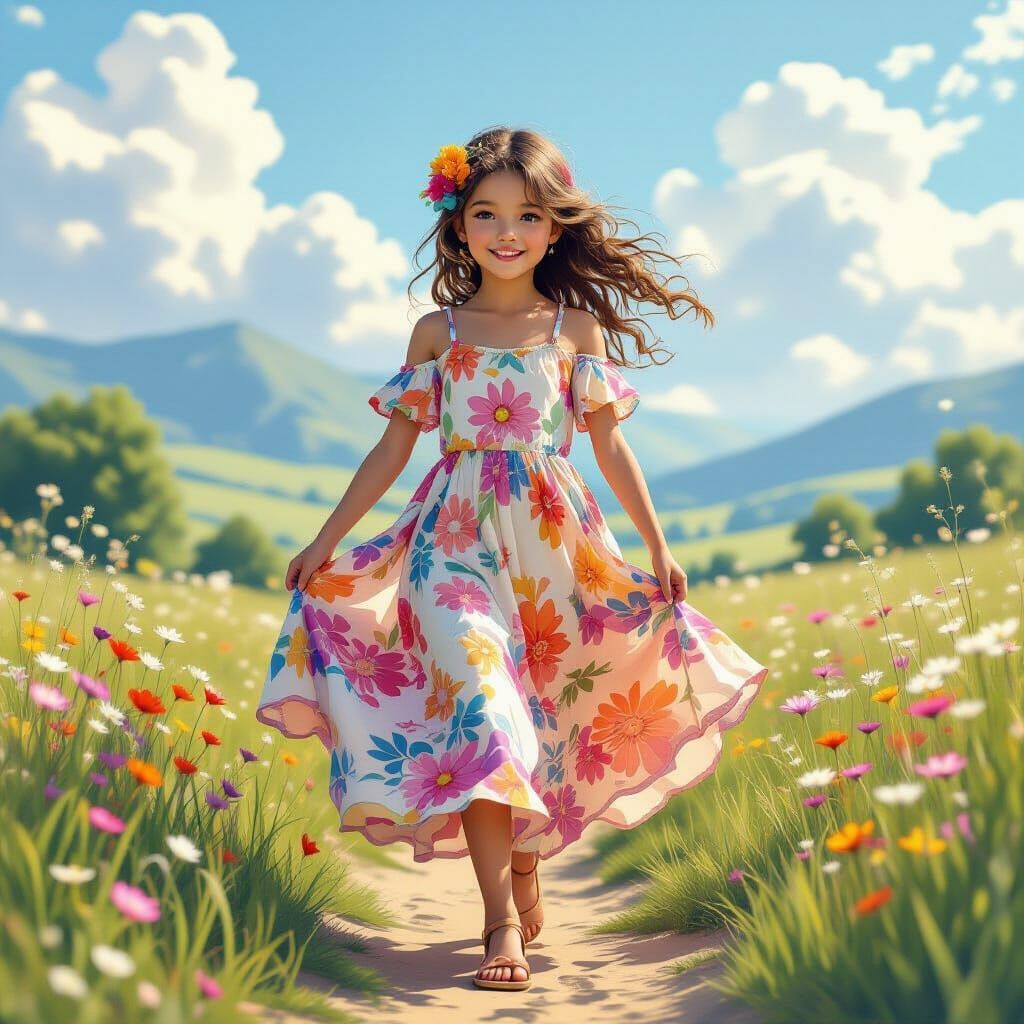 Happy Girl Strolling in Serene Landscape, Digital Art