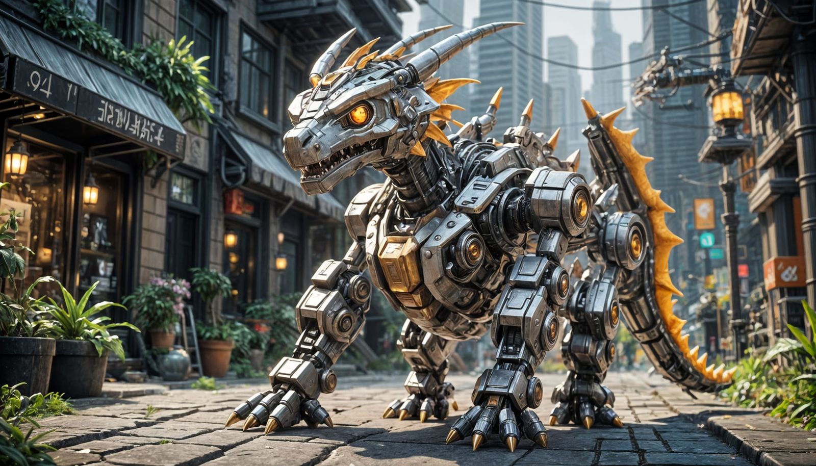 Cute Robot Dragon Mech in Sci-Fi Cityscape