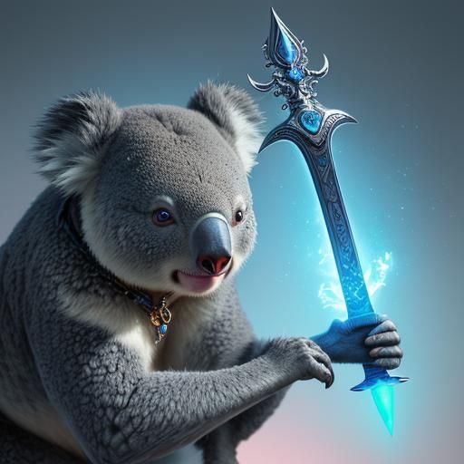 Fantastical Koala with Opal Sword in Surreal Landscape