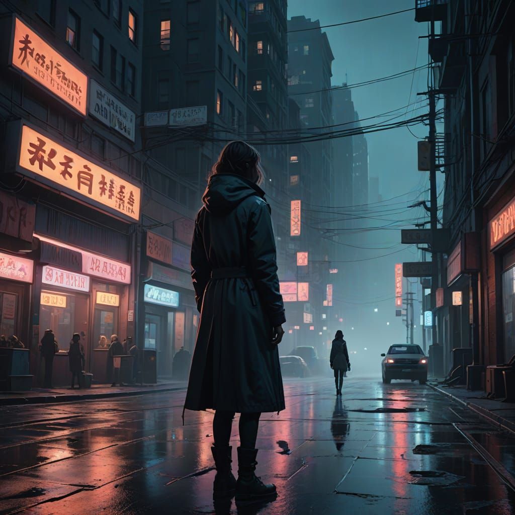 Hyperrealistic Woman Contemplating Cityscape at Night