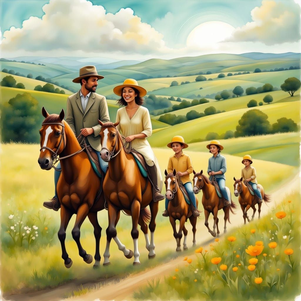Family Horseback Ride in Idyllic Countryside