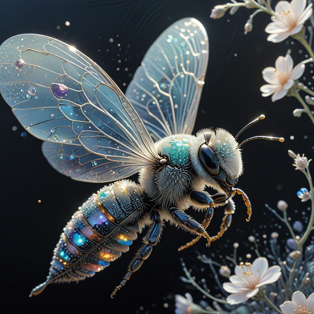 Jewel-Winged Bee in Surreal Scratchboard Style
