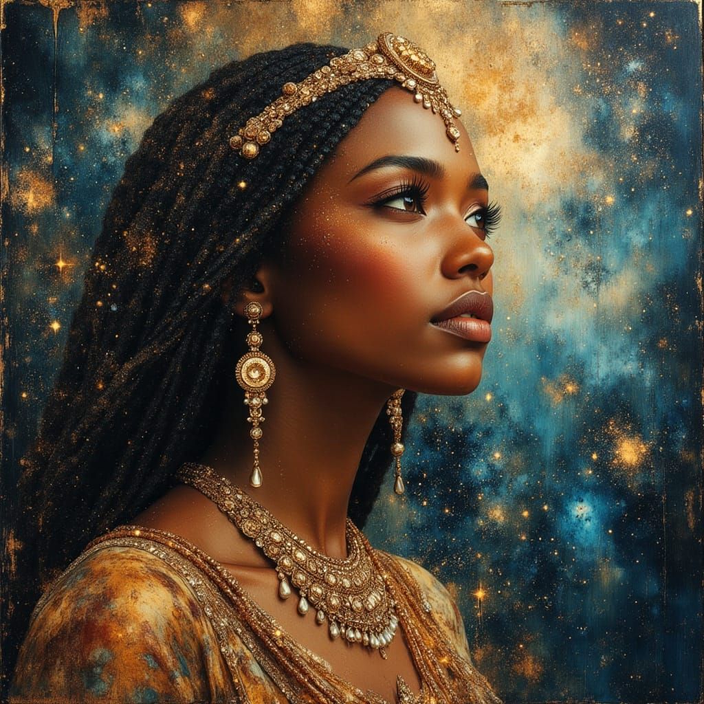 Regal African Goddess in Cosmic Oil Painting Style