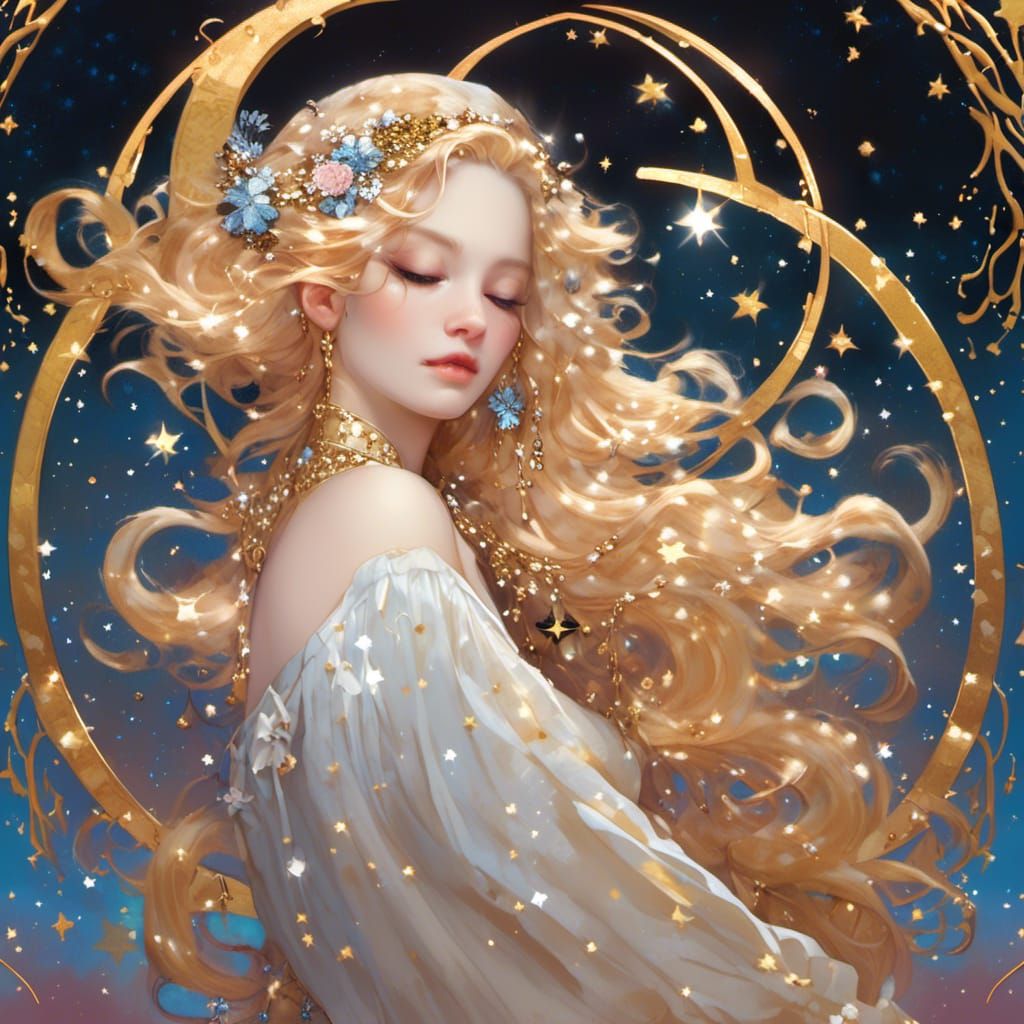 Golden Haired Woman on Moon with Sparkling Stars