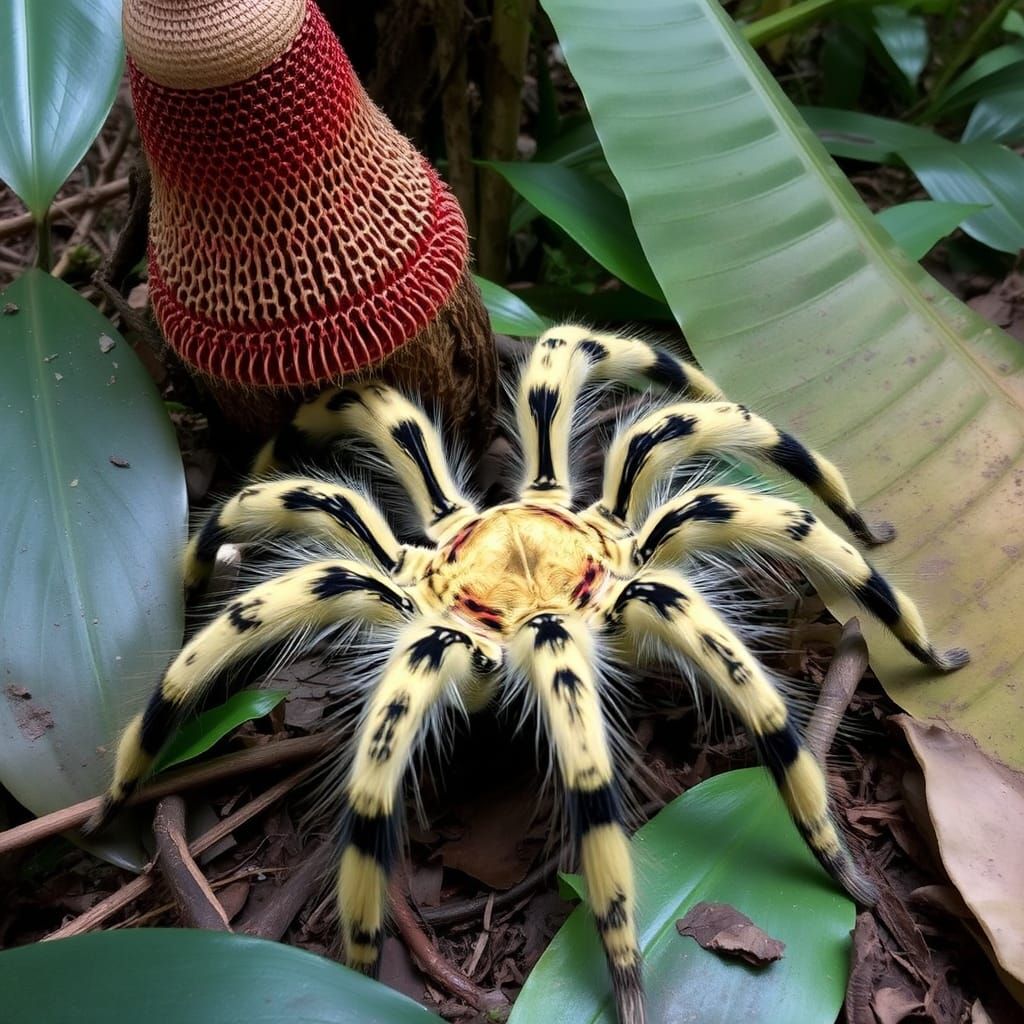 Giant Feline Fur Tarantula Near Rafflesia Flower