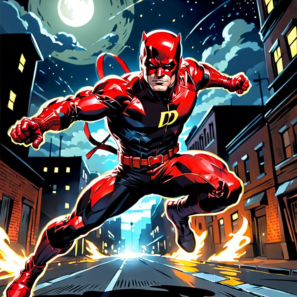 Daredevil Leaping Angrily at Night in Anime Style