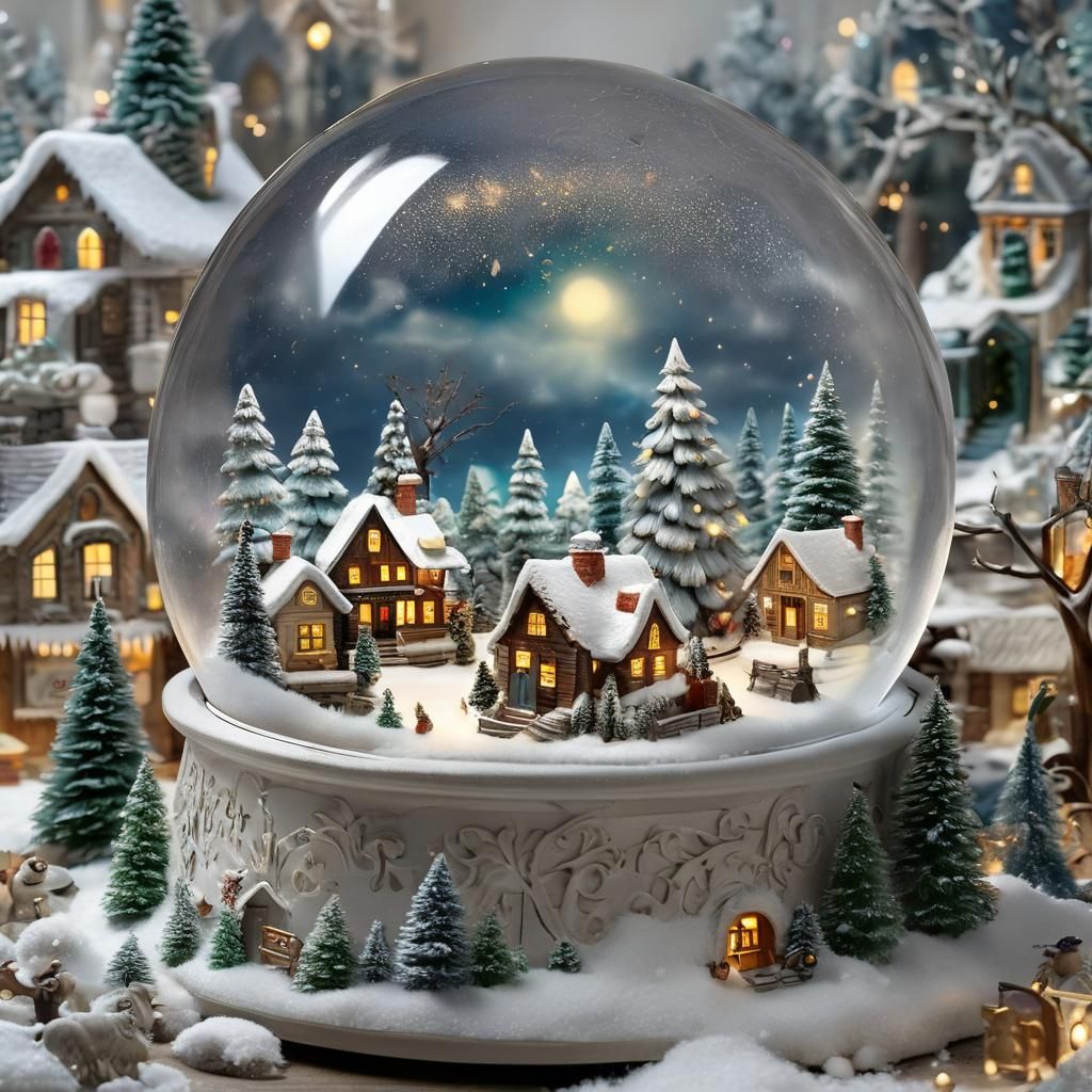 Whimsical Miniature World Inside a Snow Globe Christmas Scen...