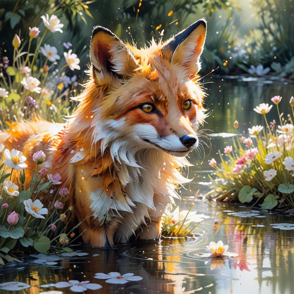 Playful Fox in Sunlit Garden: Watercolour Painting