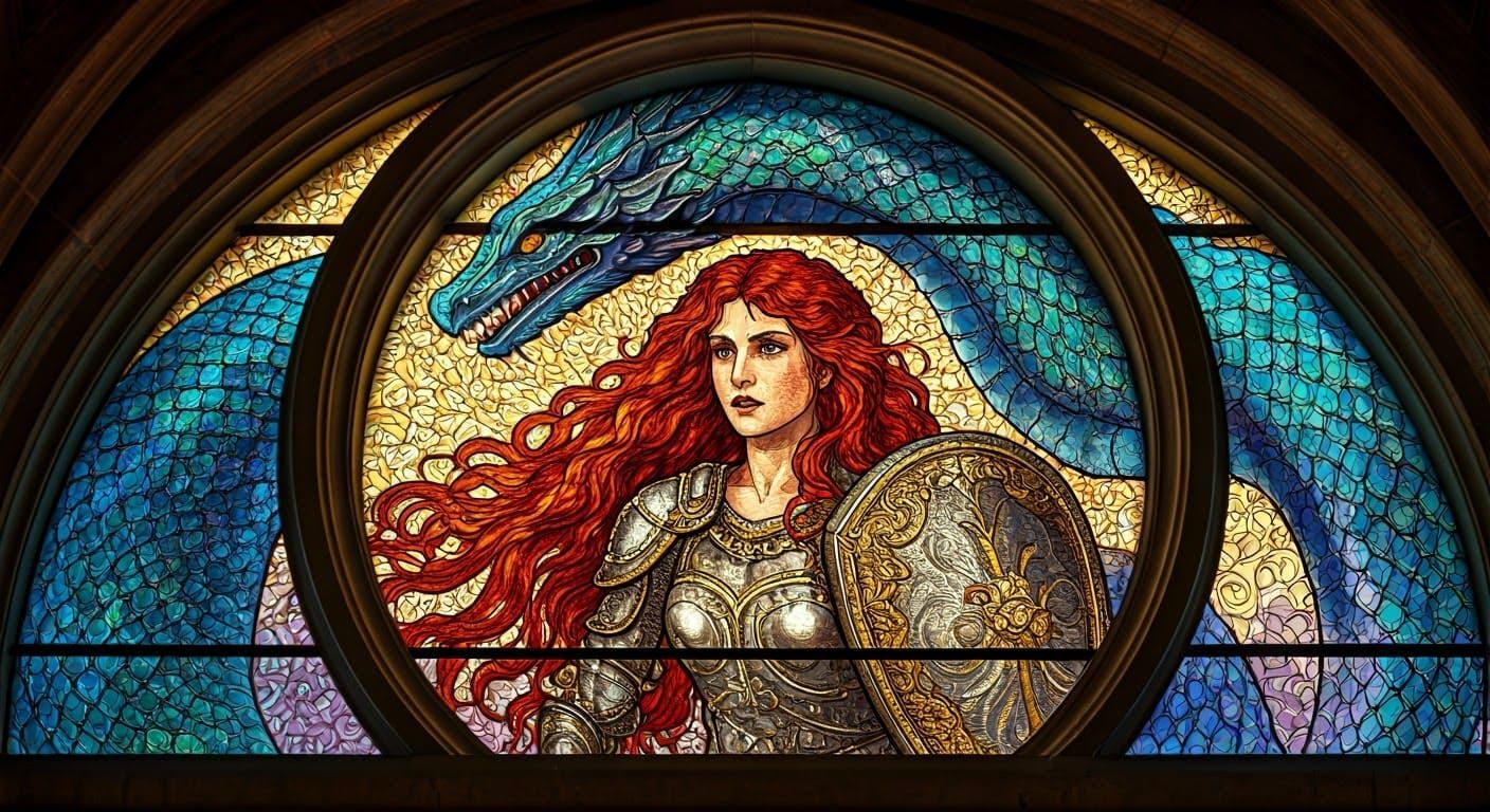 Shield Maiden Defies Majestic Sea Monster in Vibrant Glass M...