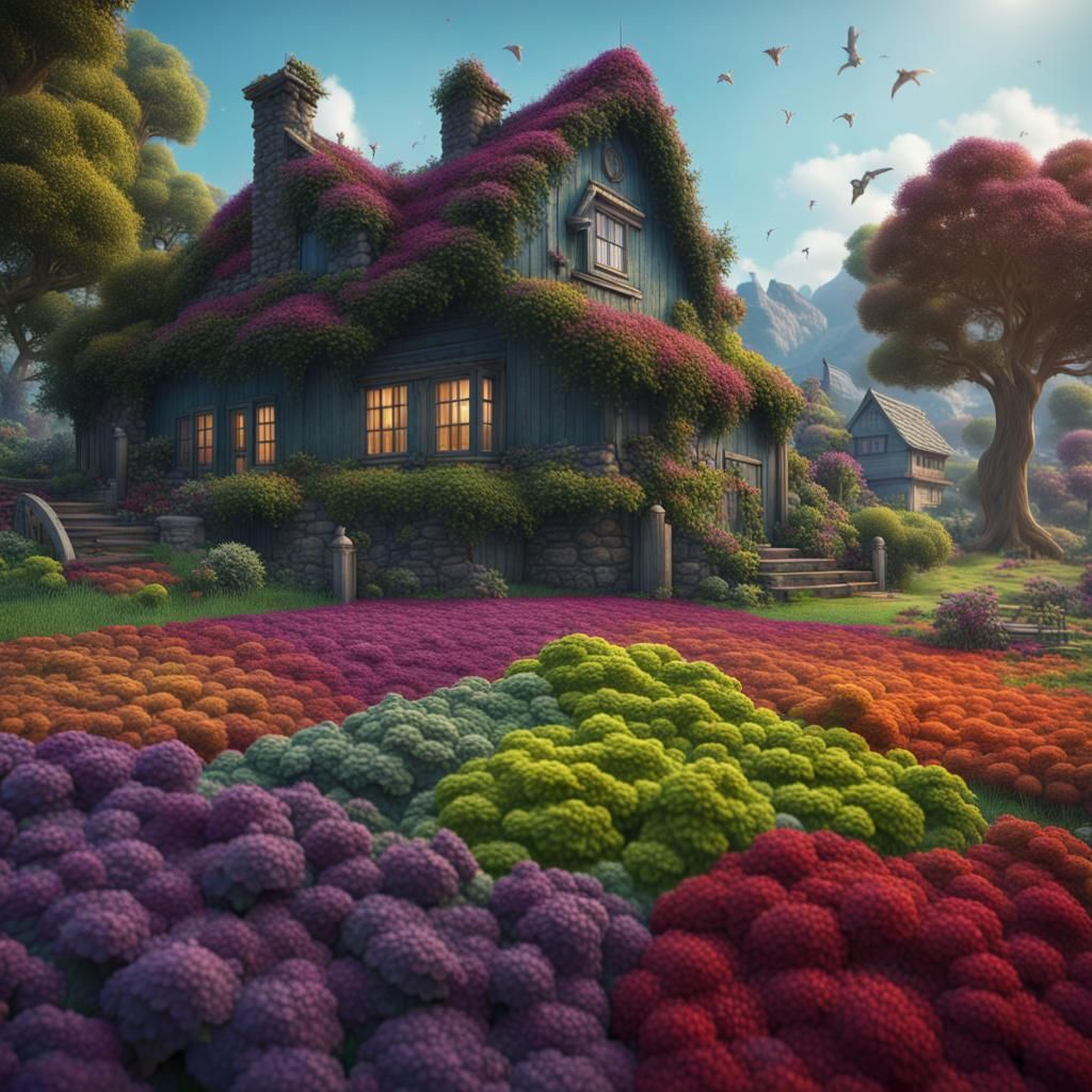 Colorful Kale Flowers in Front of a Small House