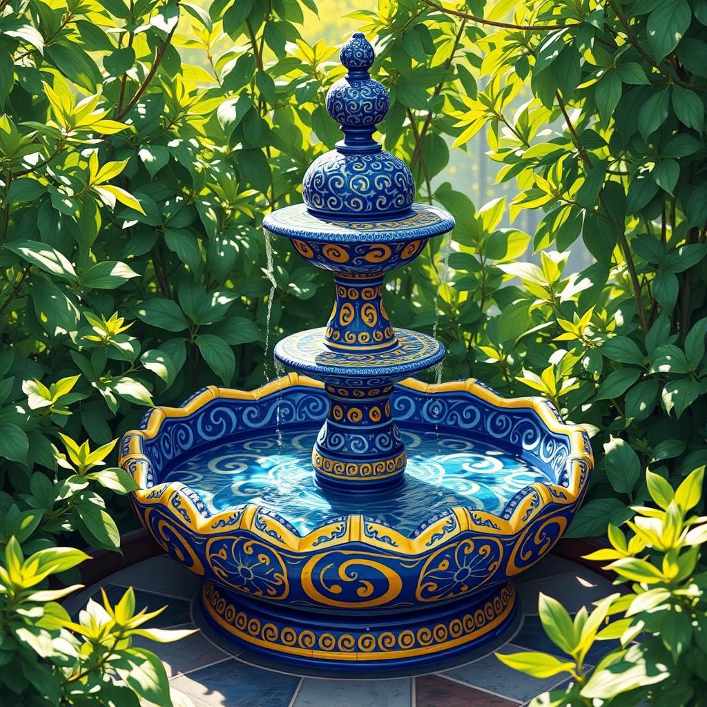 Blue and Yellow Ceramic Fountain in Illustration Style