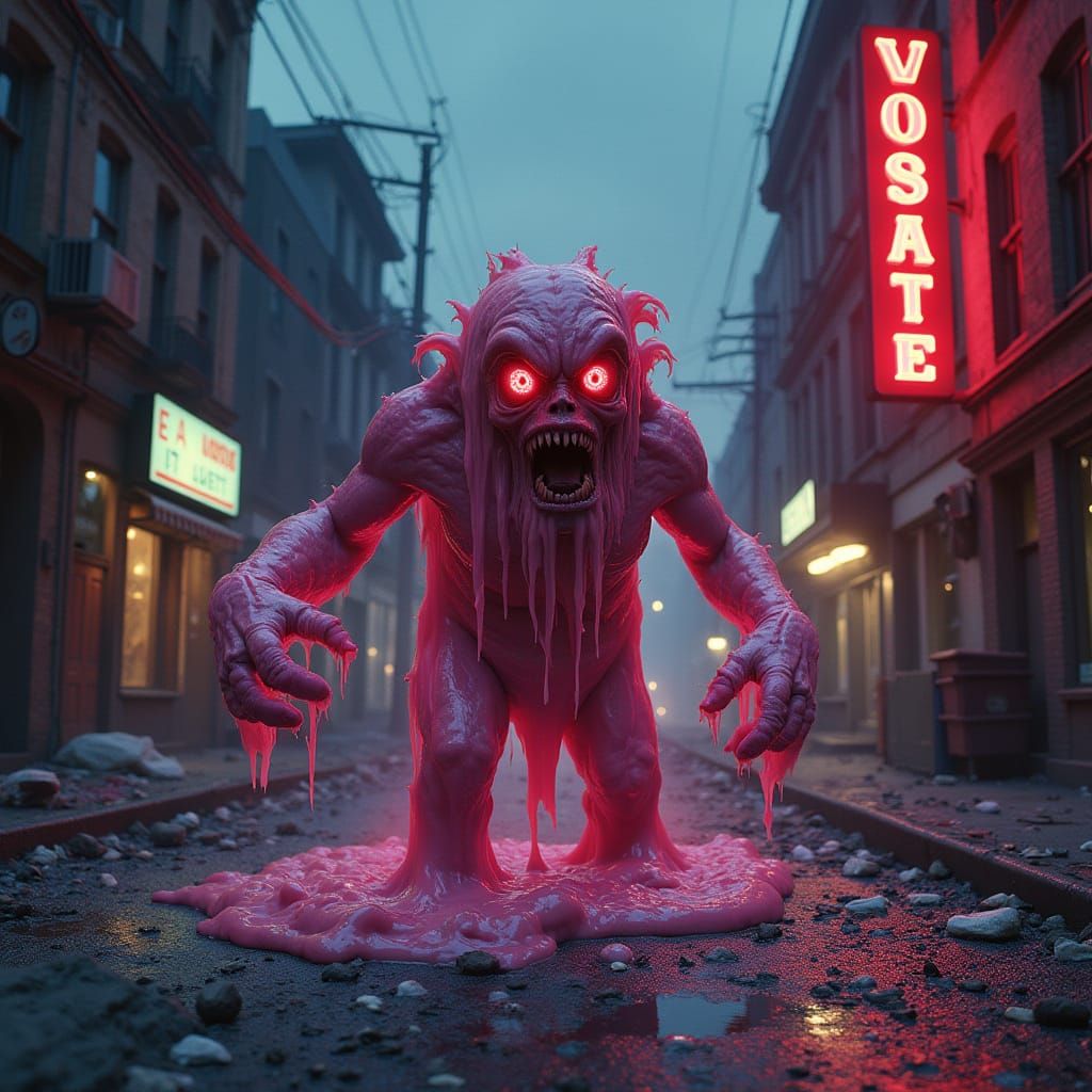 Grotesque Flesh-Colored Horror Monster Unleashed in Neon-Lit...