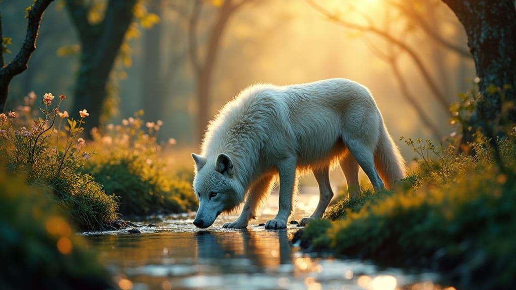 Majestic White Dire Wolf in Forest Oasis, Ektachrome Dreamsc...