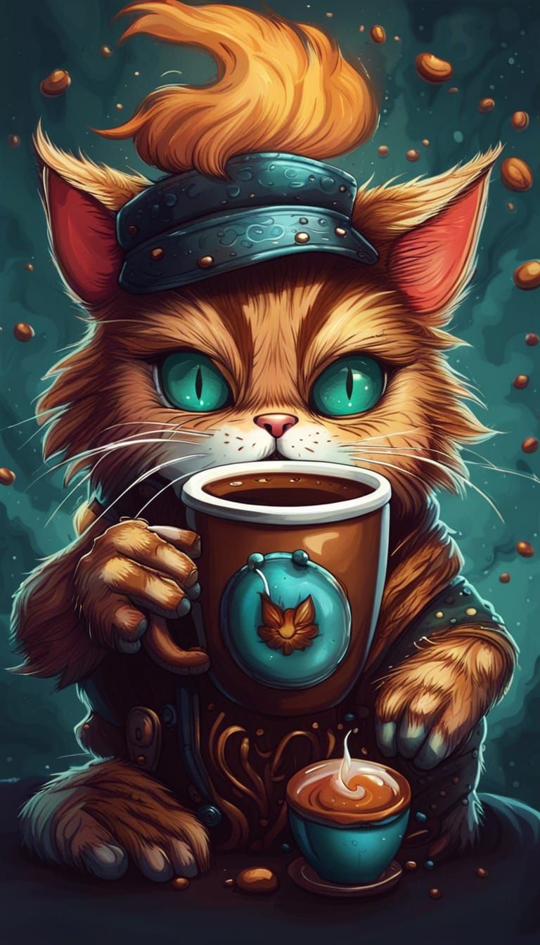 Caffeinated Cat: Cute Digital Illustration on Canvas