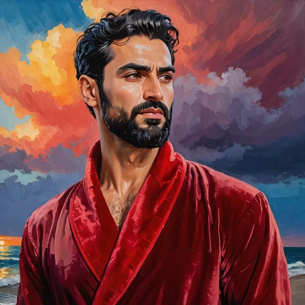 Iranian Man in Red Robe: Neo-Impressionist Impasto Oil Paint...