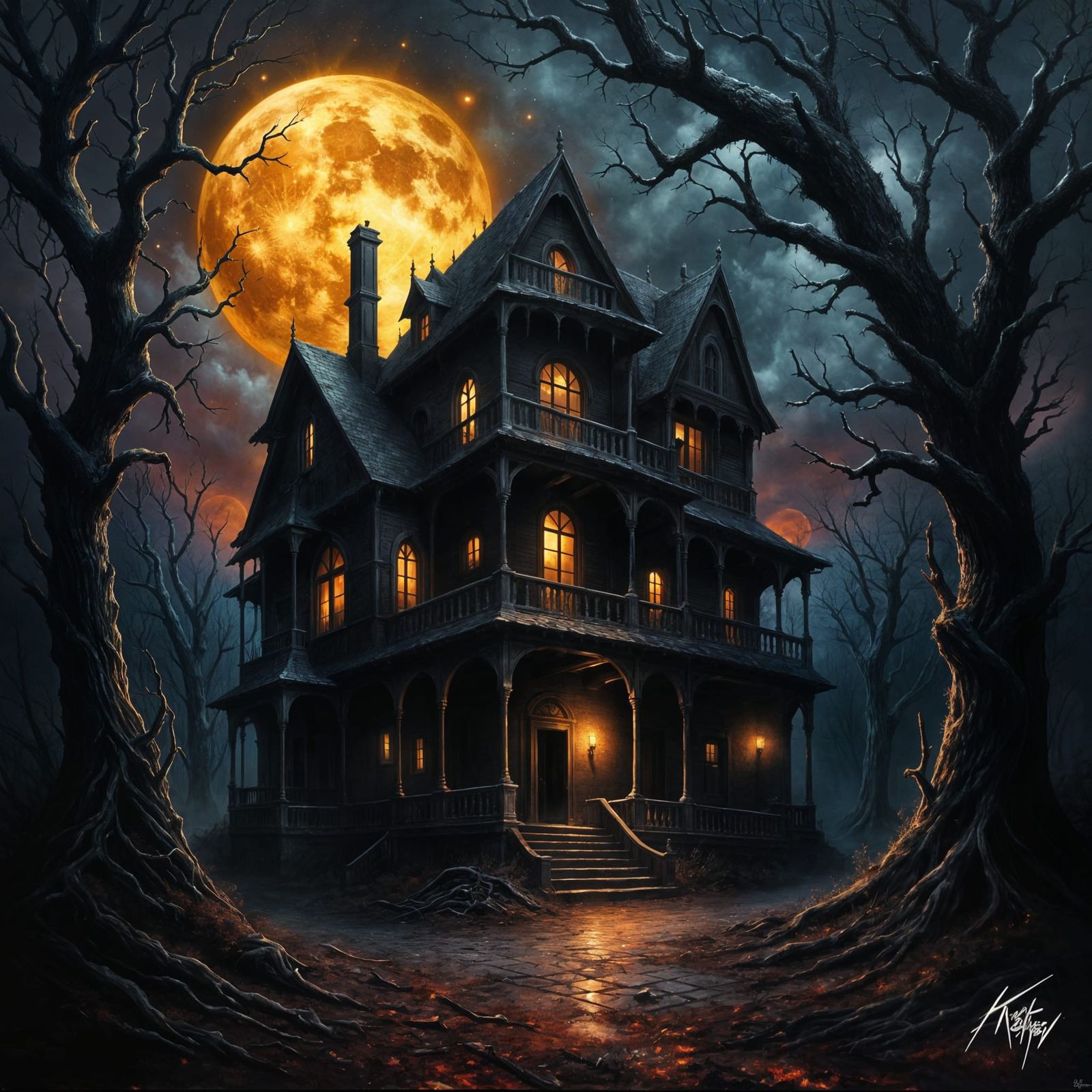 Surreal Gothic Haunted House Under Eerie Moon
