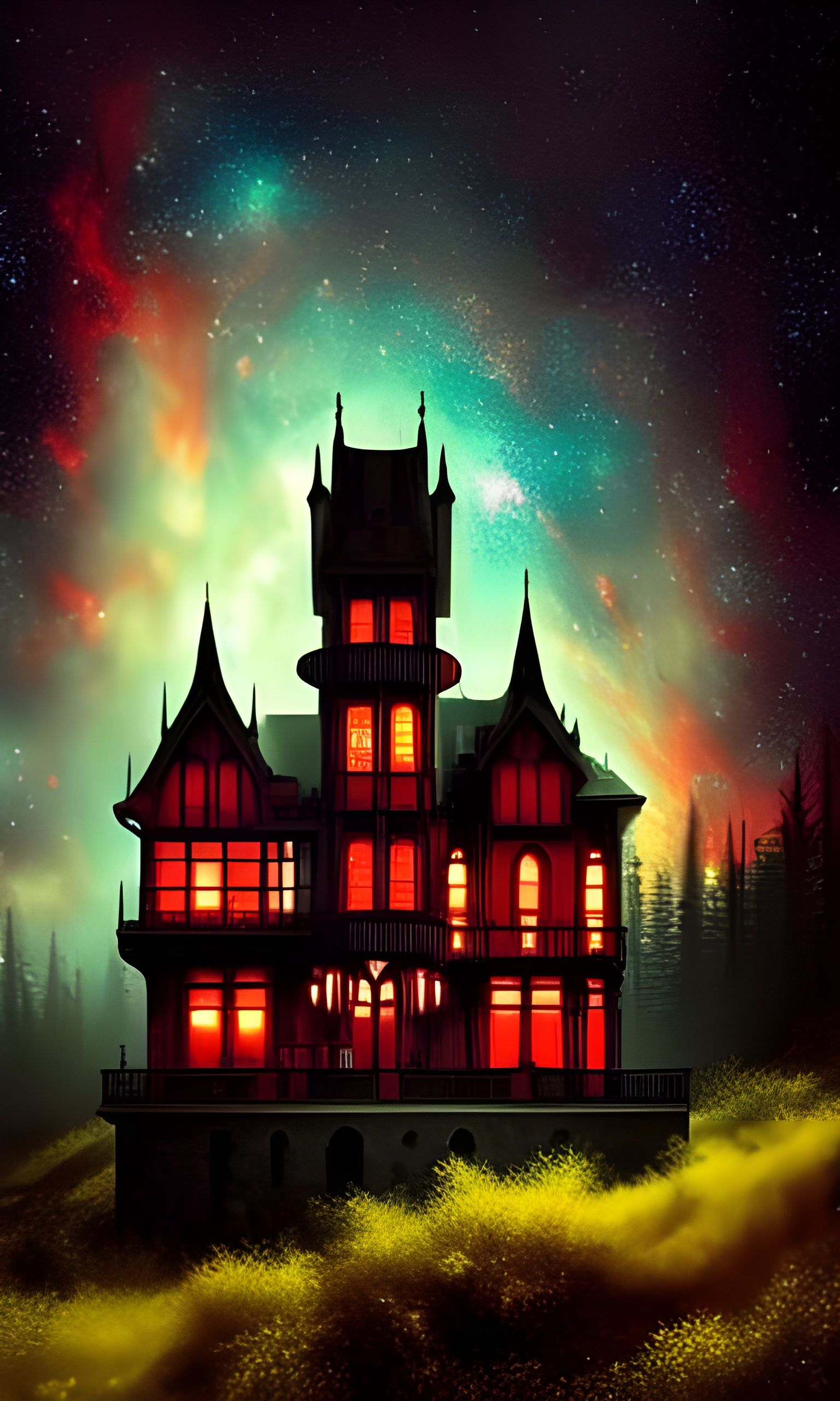 Haunted House on Misty Mountaintop in Gothic Art Nouveau