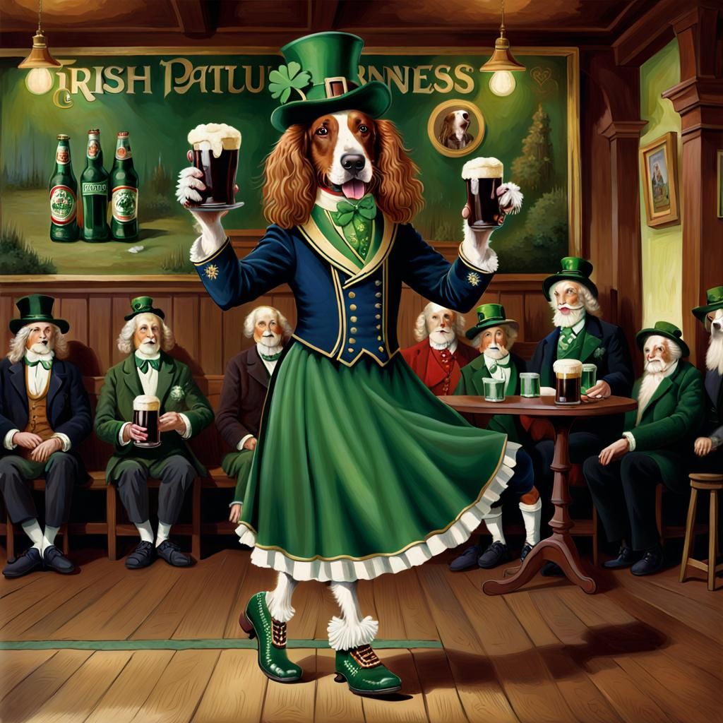 Irish Spaniel Tap Dancing with Guinness, Irish Folk Art