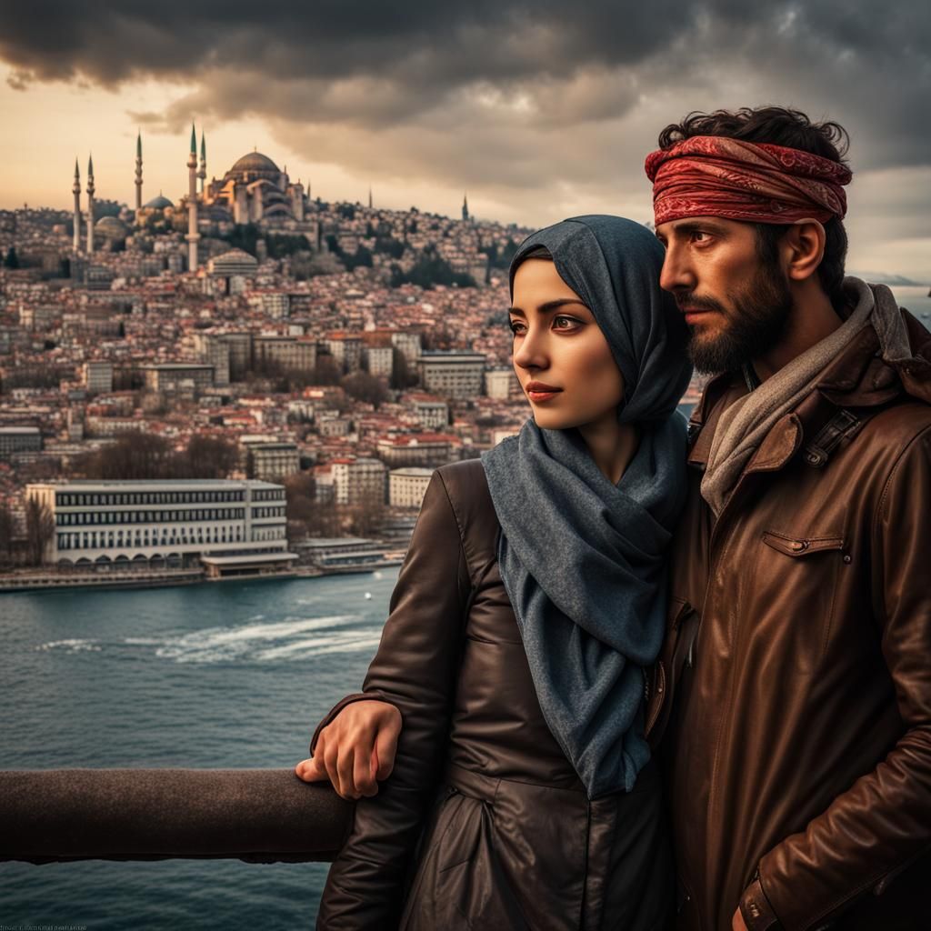 Couple Gazing at Istanbul Bridge: Digital Matte Painting