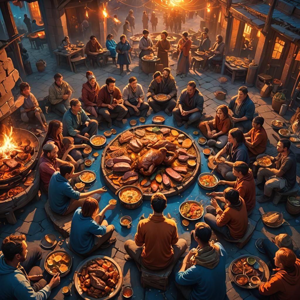 Mystical Feast: People Roasting Meat in Circle