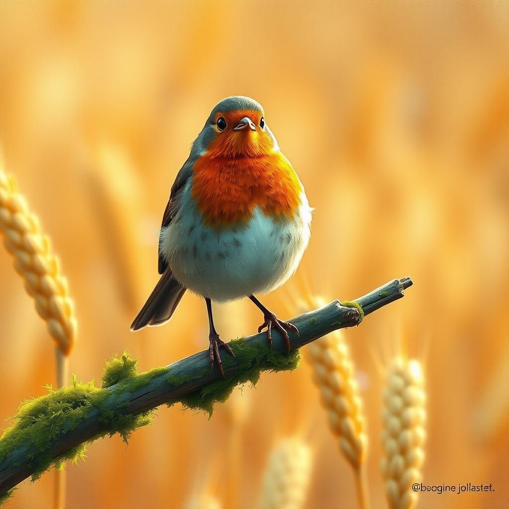Robin in Wheat Field as Impressionist Painting