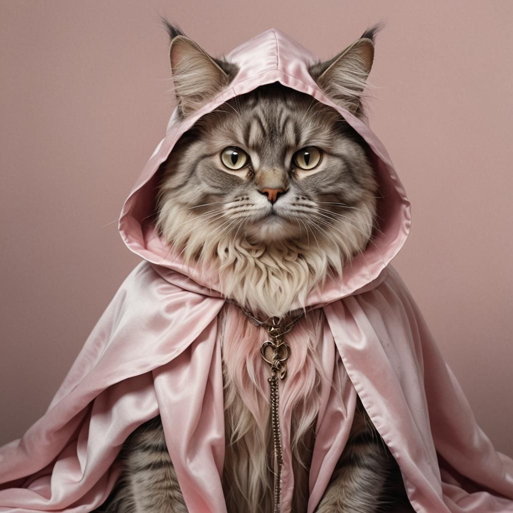 Cat in Pink Fur Cape, Horror Style