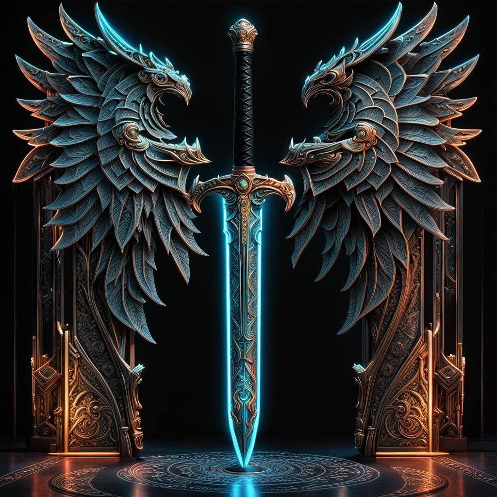 A warrior's sword of justice with glowing neon lights