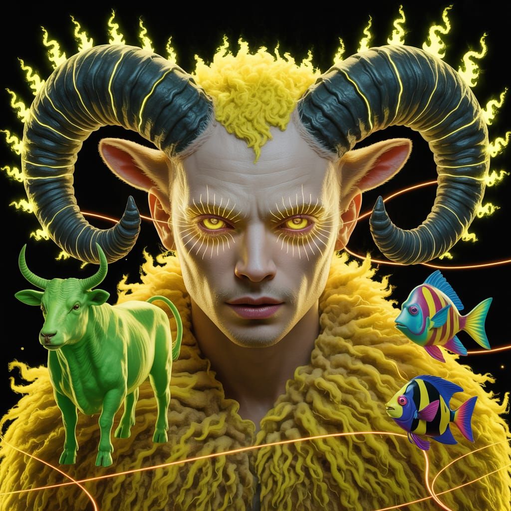 Psychedelic Humanoid with Flaming Horns and Aura