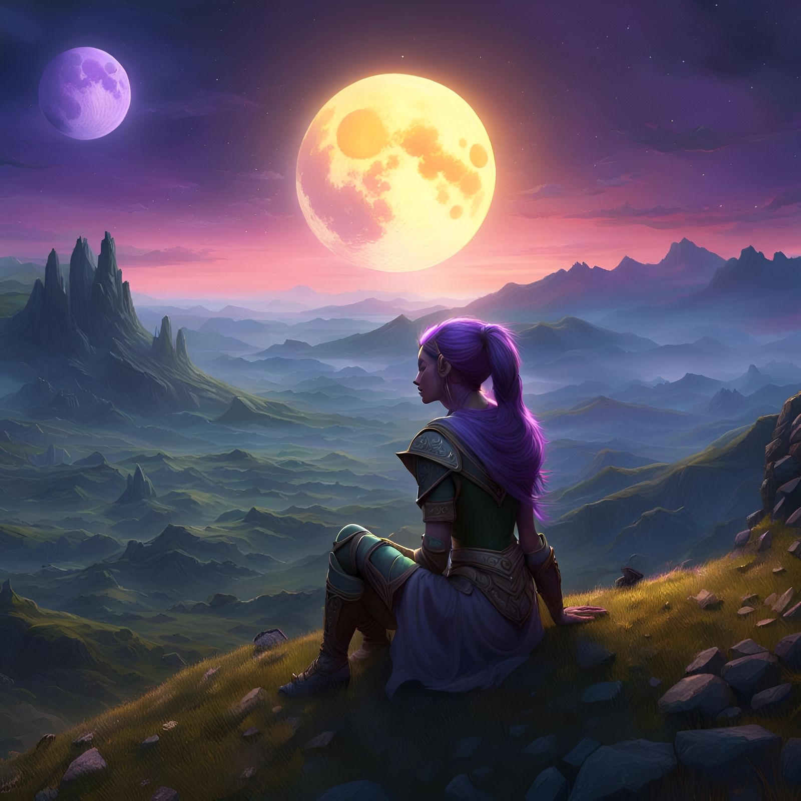 Elven Contemplation: Two Moons in Dark Fantasy Style
