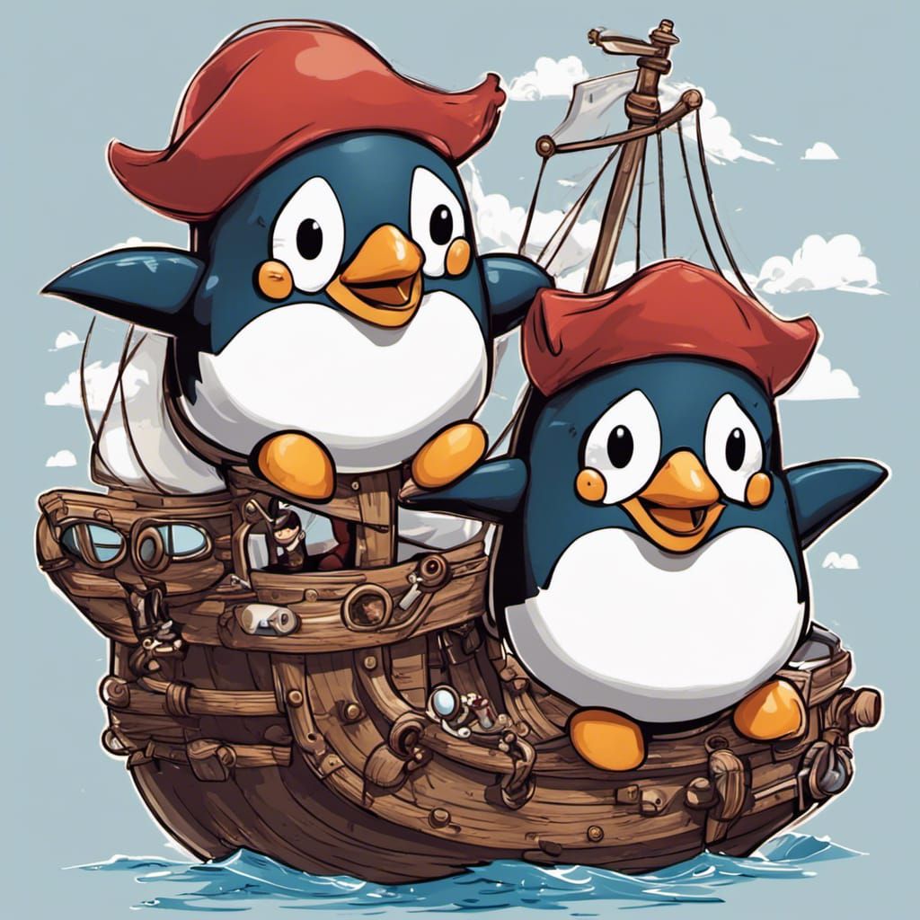 Penguin Pirates in Animated Style on Pirate Ship
