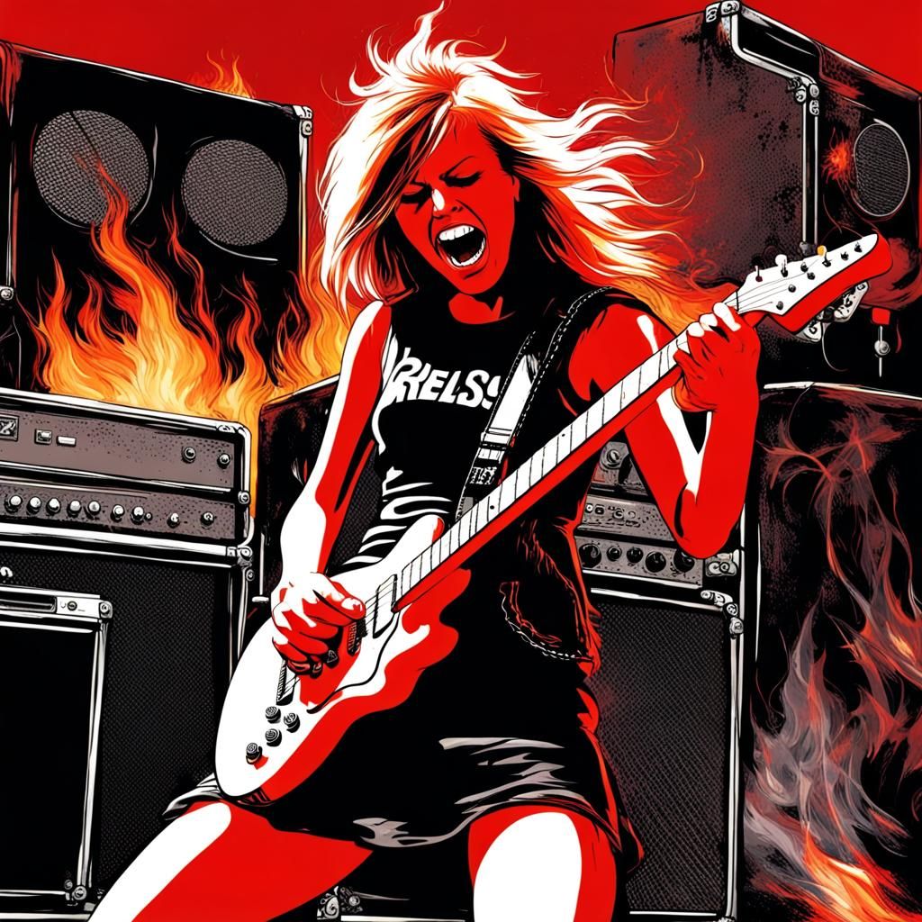 Punk Rock Girl Shredding Guitar in Flames