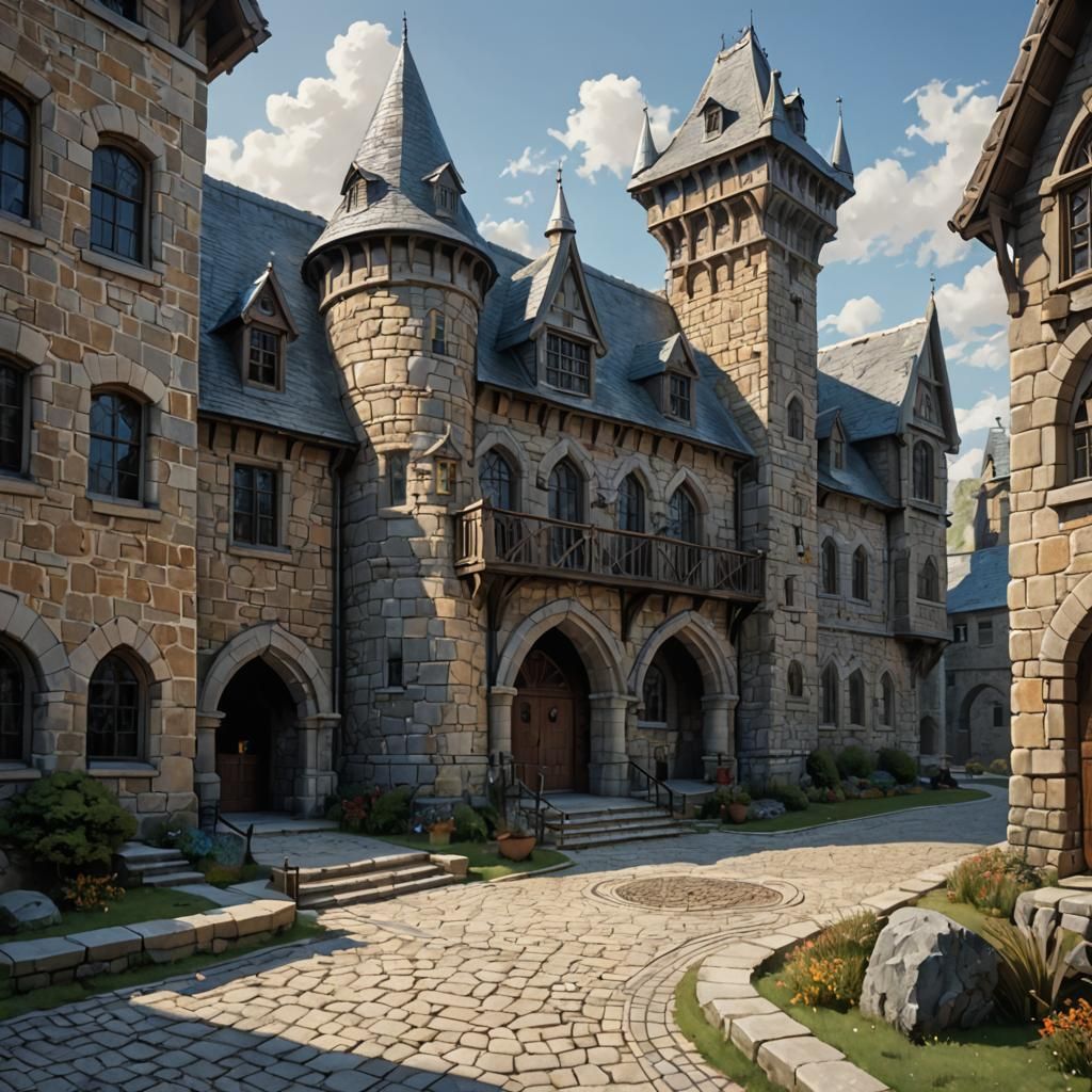 Inviting Stone and Steel Guild House in Fantasy Town