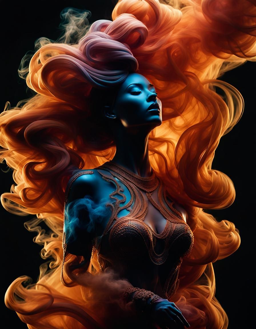 Dynamic Smoke Sculpture of Woman in Vivid Colors