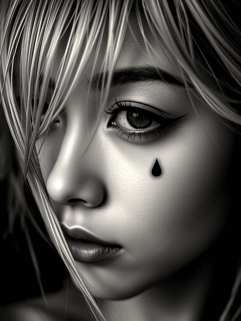 High Contrast Portrait of Korean Woman with Tear Tattoo