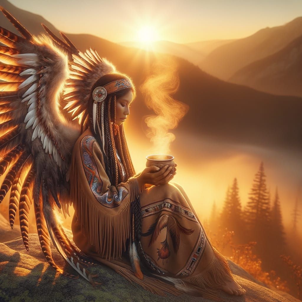 Native American Angel Drinking Coffee at Sunrise