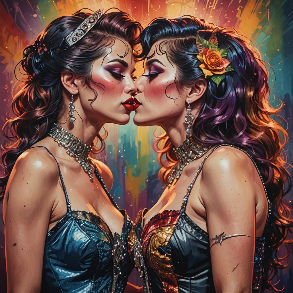 Hyperrealistic Burlesque Kiss in Splash Art Style