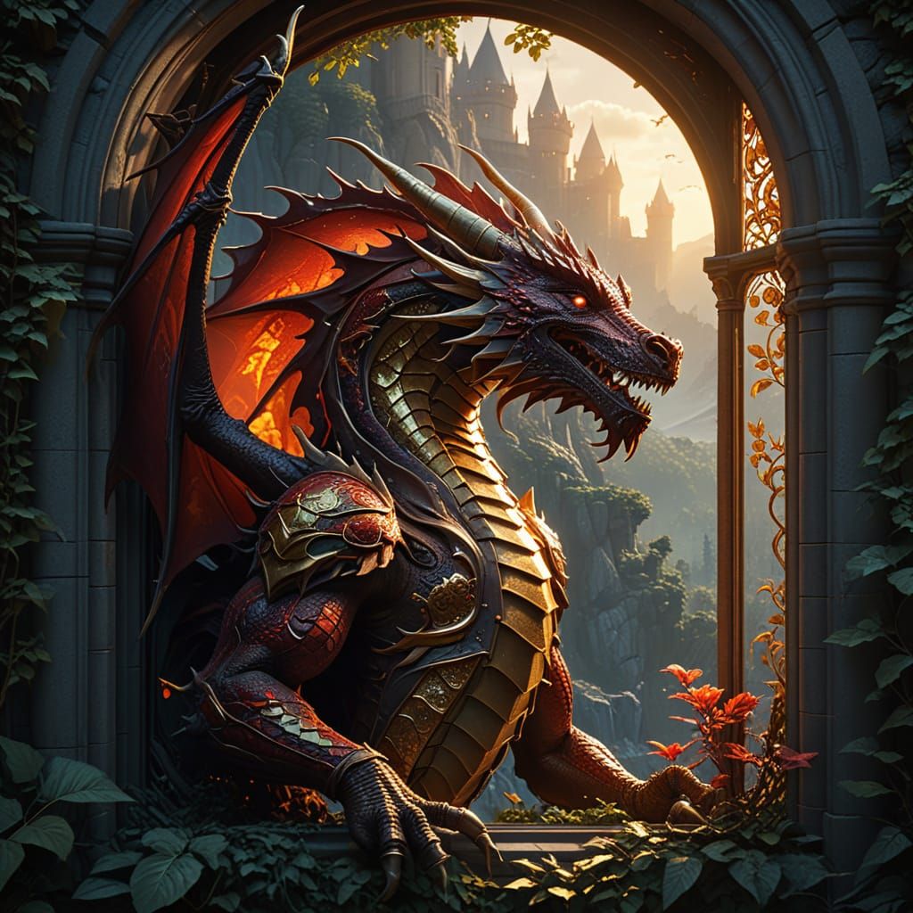 Epic Dark Fantasy Dragon Soars Over a Majestic Castle in a W...
