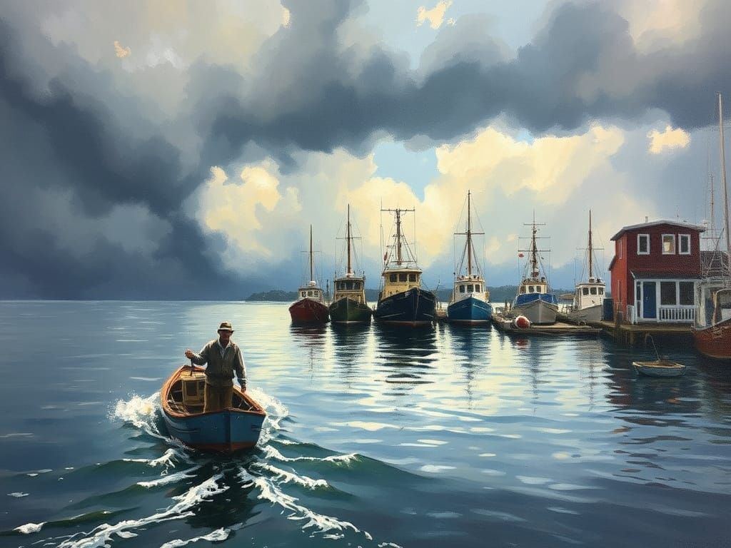 Fisherman Battles Stormy Harbor in Oil Painting