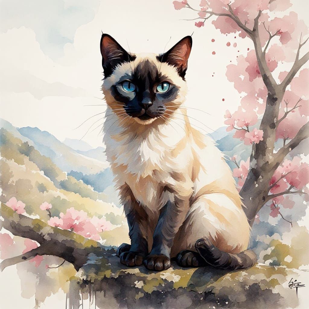 Siamese Cat in Blossoming Apple Tree Watercolor