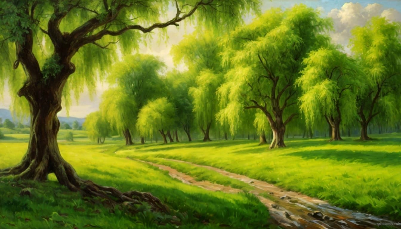 Vibrant Vintage Willows in a Lush Meadow