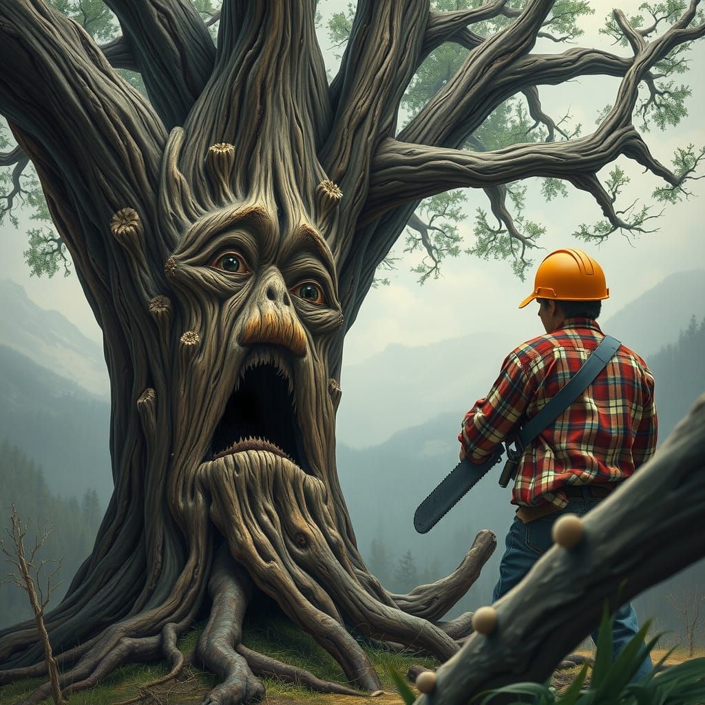 Scared Tree Faces Lumberjack with Saw, Epic Masterpiece