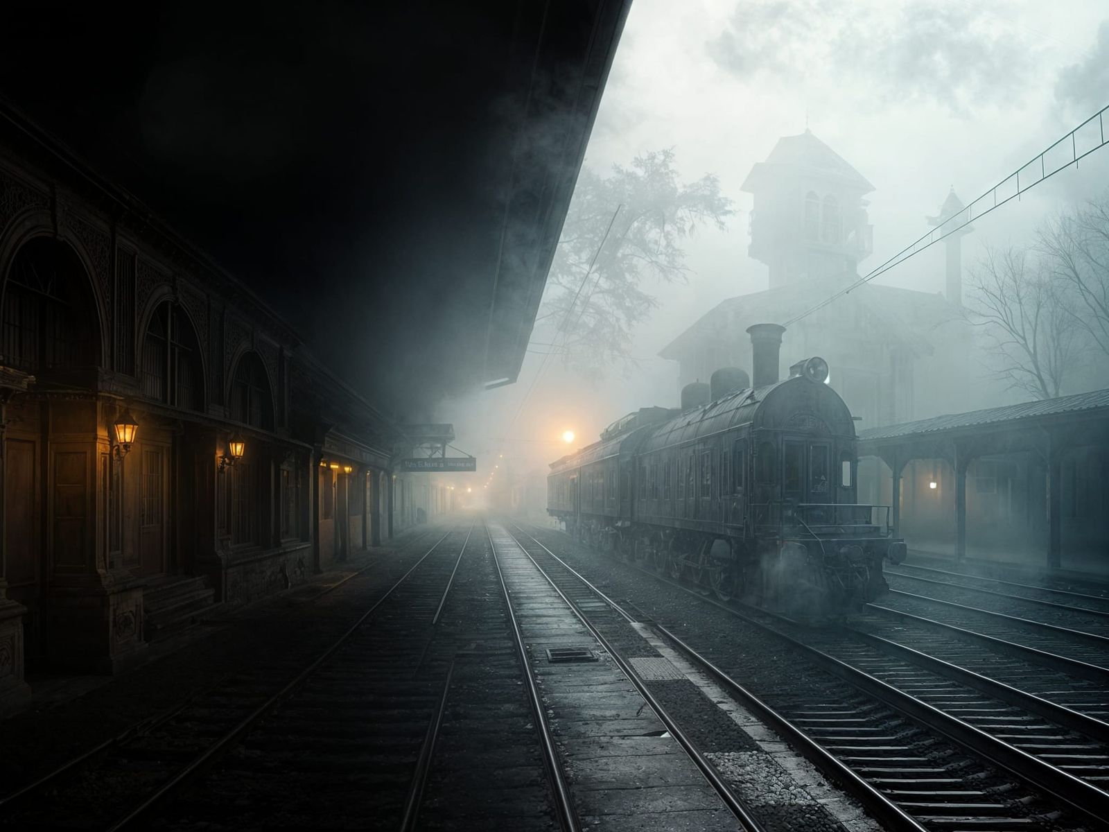 Eerie Fog-Shrouded Train Station Scene