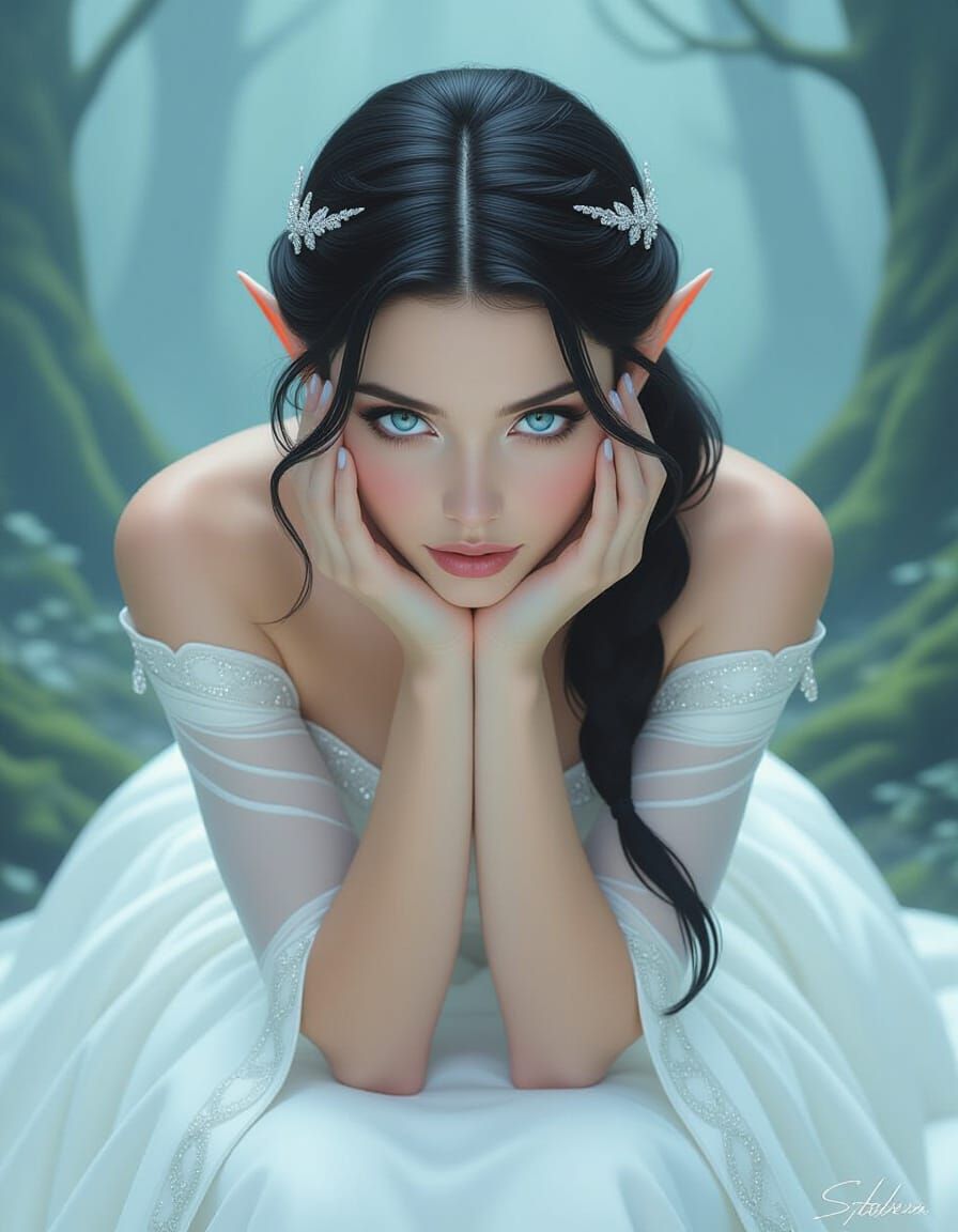 Elegant Elf Woman in Misty Forest, Photorealistic Style