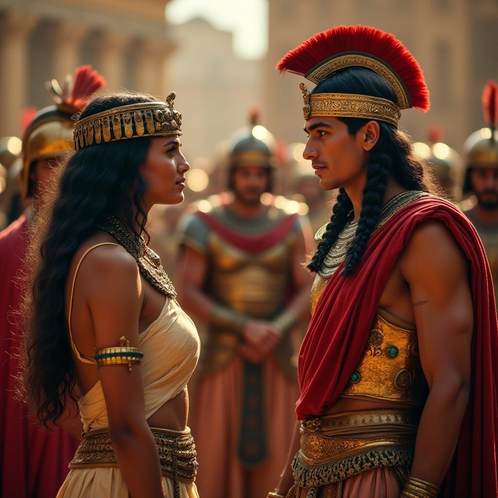Cleopatra Addresses Roman Soldiers in Ancient Egypt