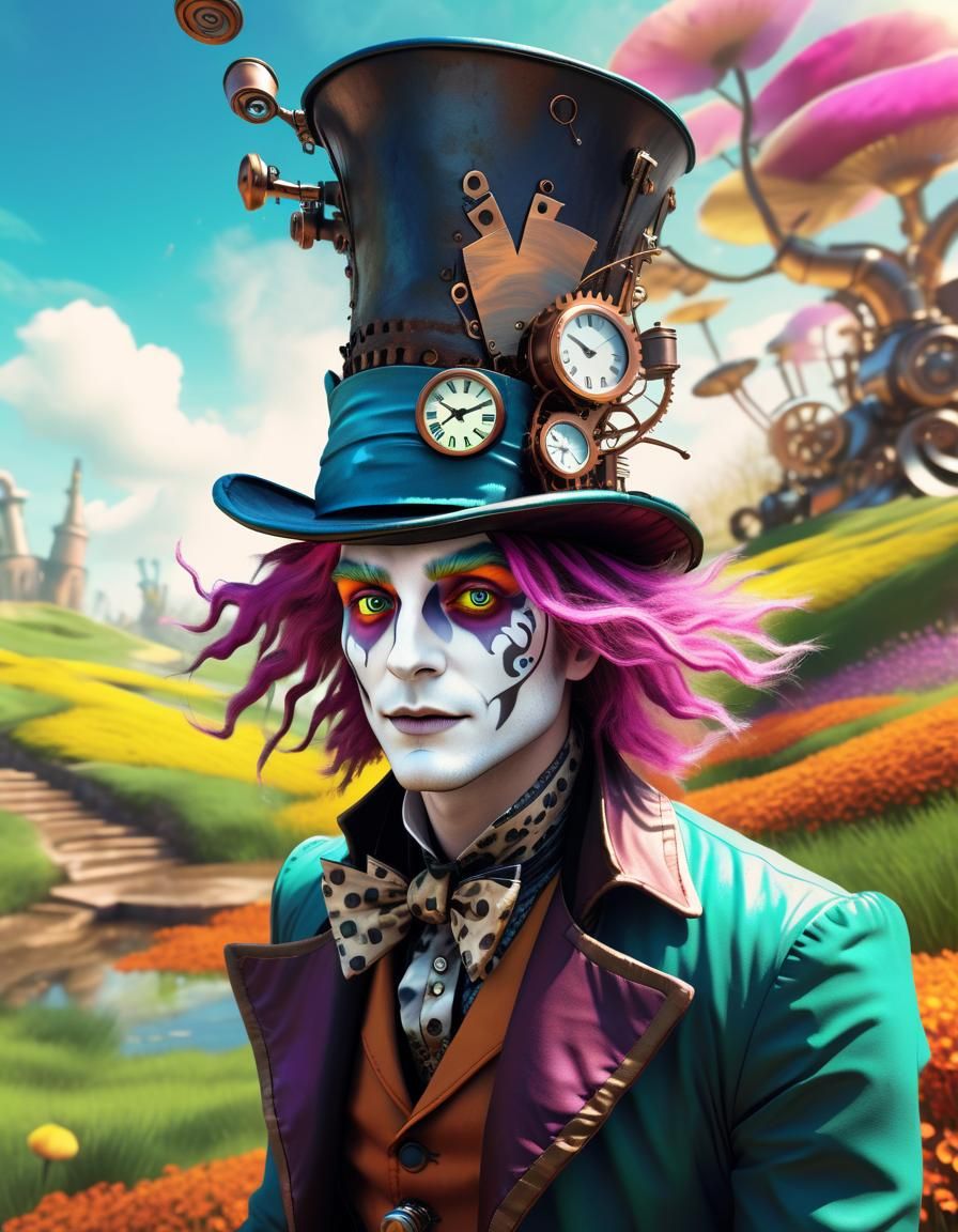 Steampunk Mad Hatter in Spring Landscape: Hyperrealistic Art