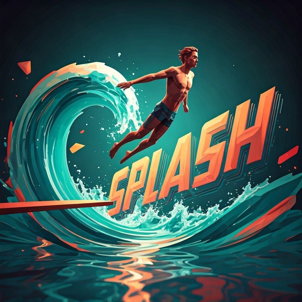 Onomatopoeia "splash" in a pop art image of a man in a pool with water rising around him, after diving off a diving boar...