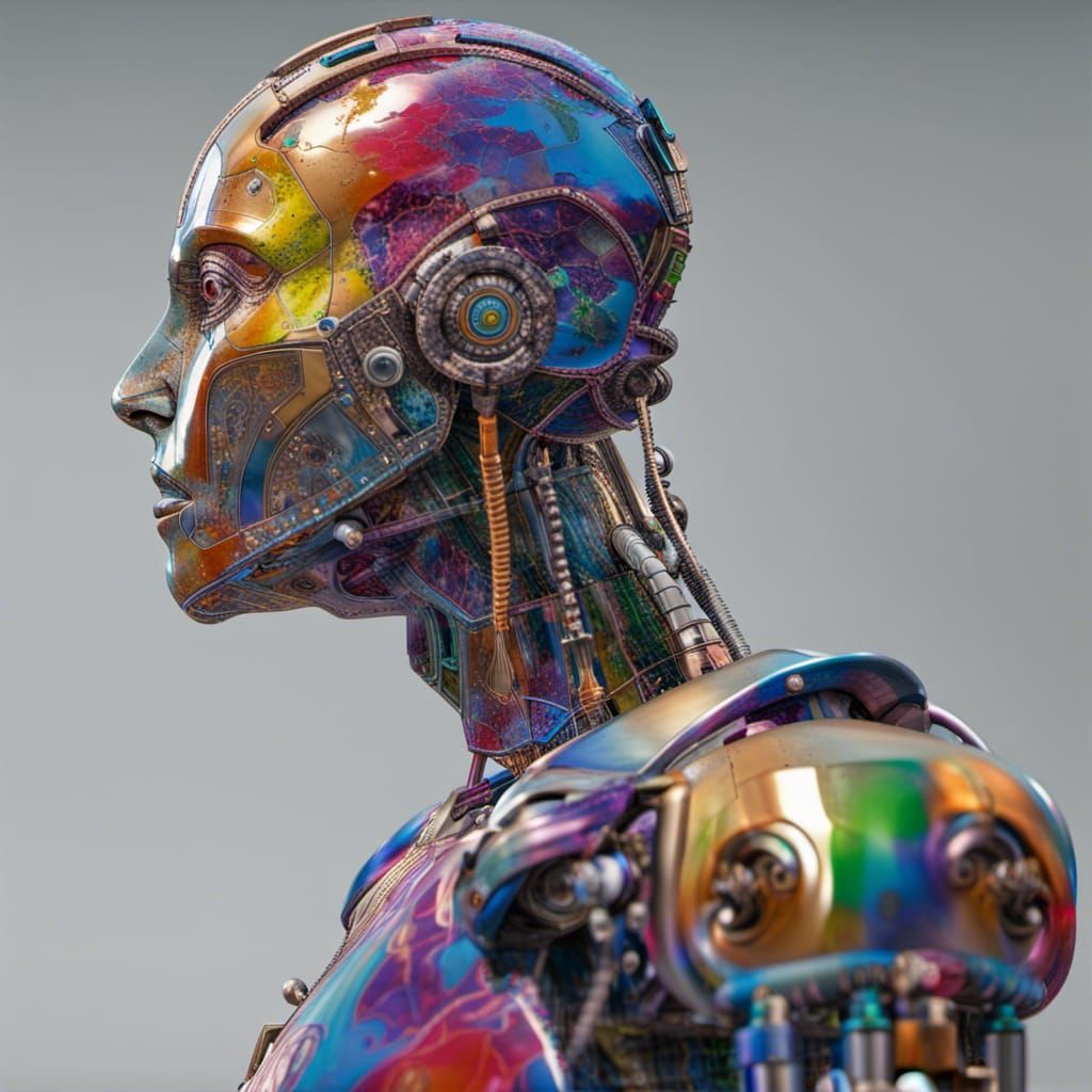 Hyperrealistic Robot Thinker in Triadic Colors