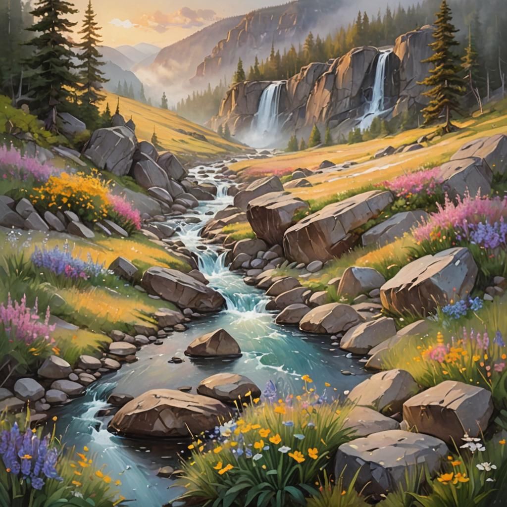 Mountain Glade with Waterfalls as Impressionist Painting