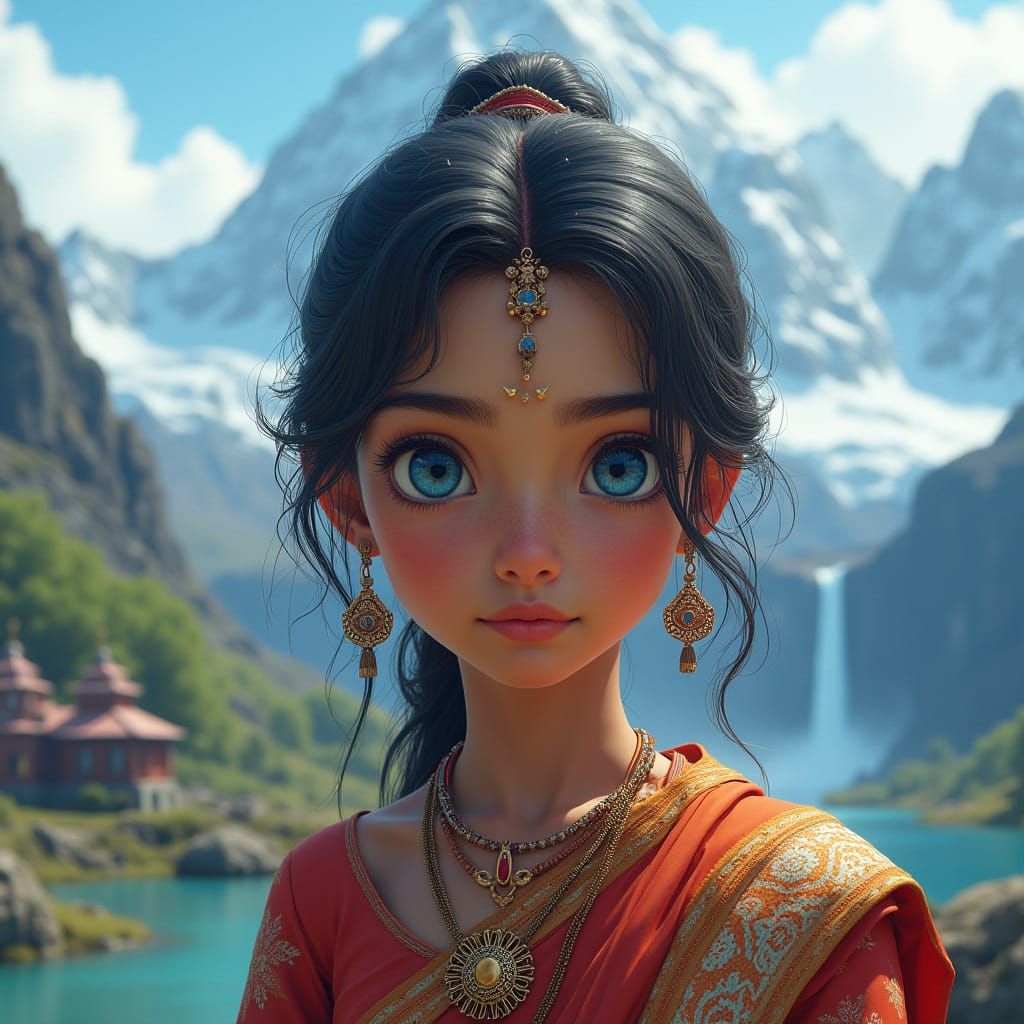 Ethereal Girl in Vibrant Indian-Icelandic Landscape